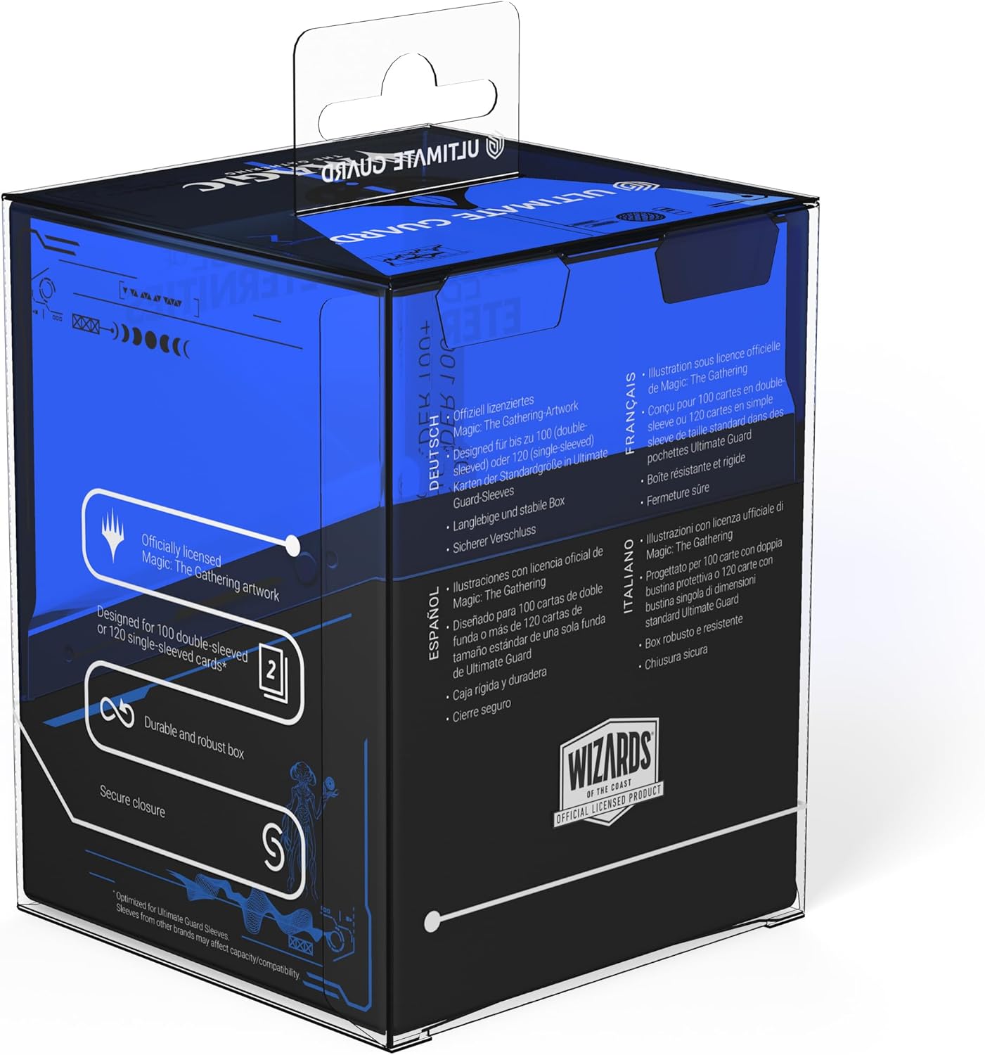 Black and blue Ultimate Guard deck box for Magic: The Gathering cards, with white text, designed for 100-120 sleeved cards