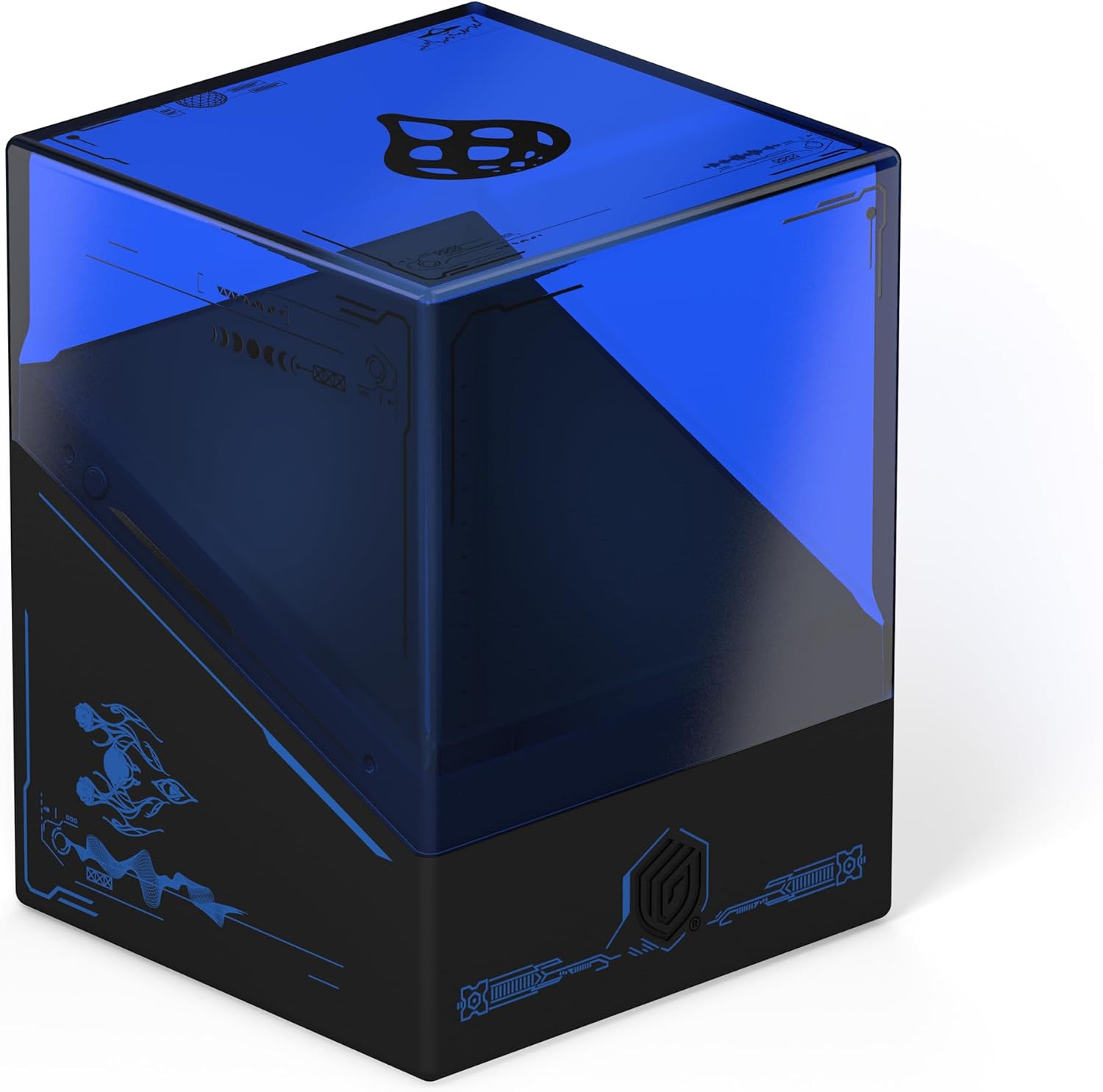 A blue and black cube storage box with a clear top and matte base, featuring intricate blue tech-style graphics