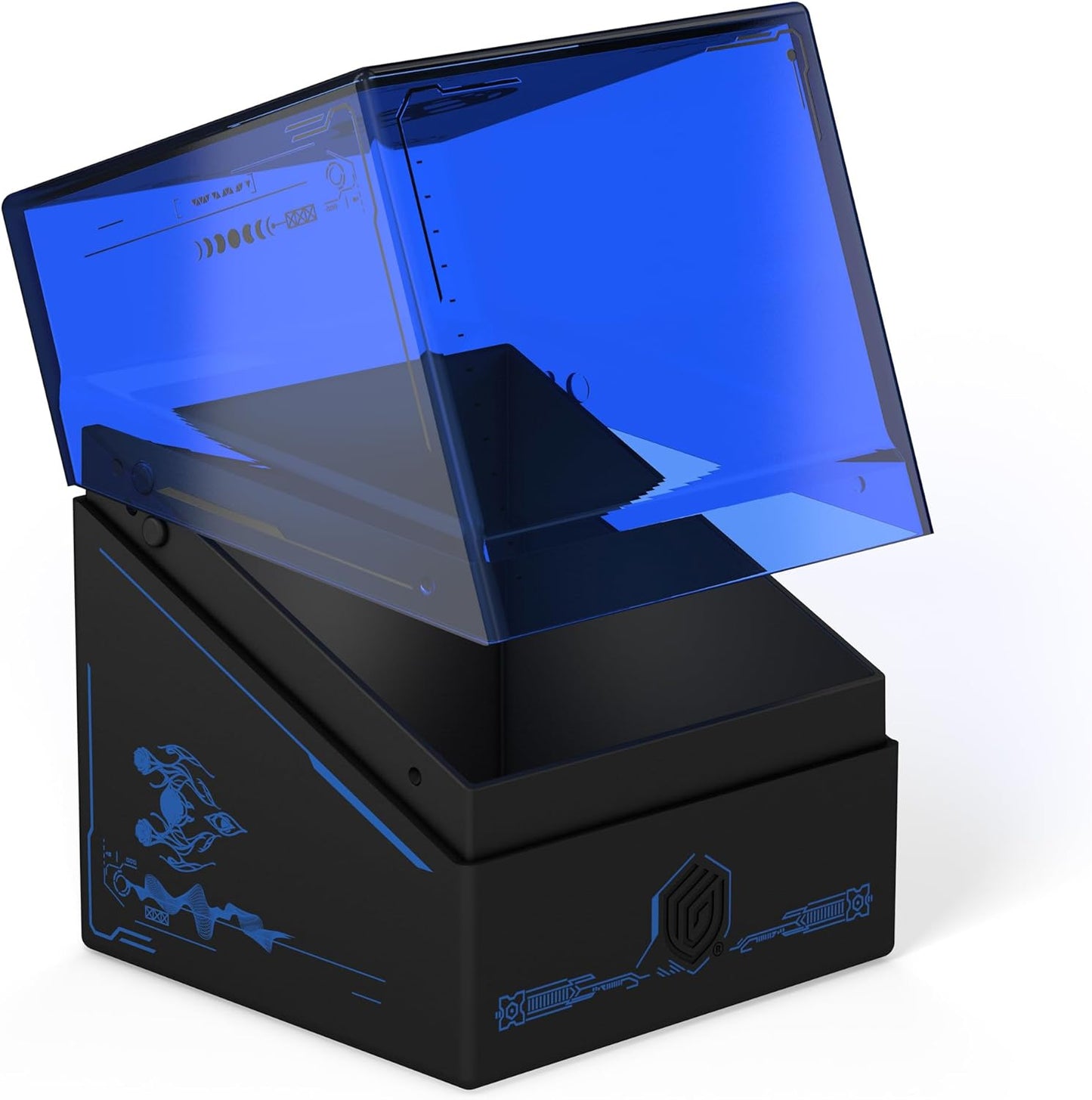 Black trading card deck box with an open, angled translucent blue lid and blue tech designs