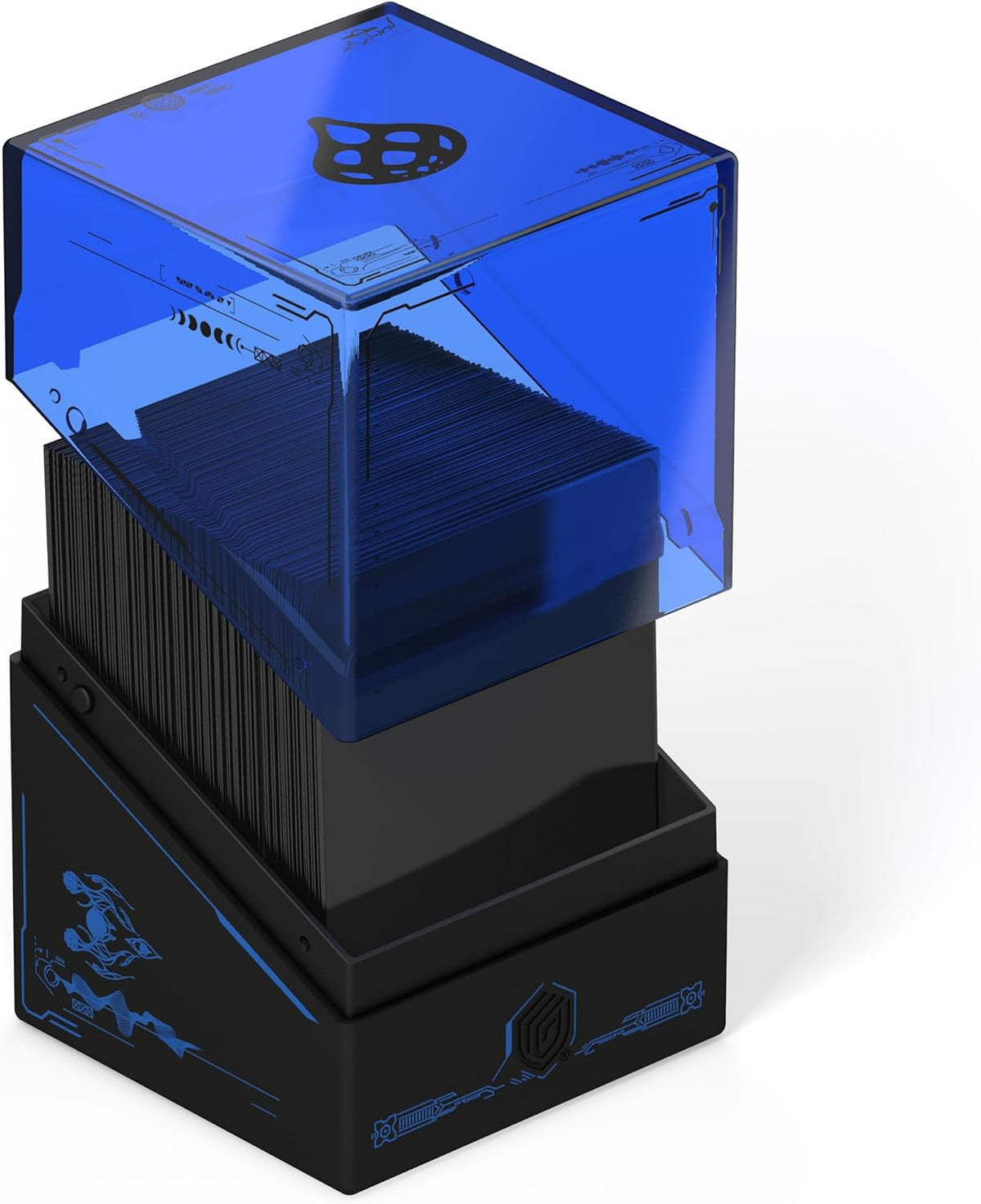 Black deck box with a translucent blue lid lifted above a large stack of sleeved cards. The box features blue tech-style graphics