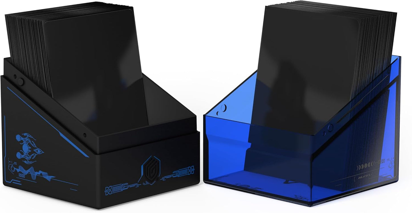 Two card deck boxes: a black one with blue tech graphics and a translucent blue one, both holding black cards