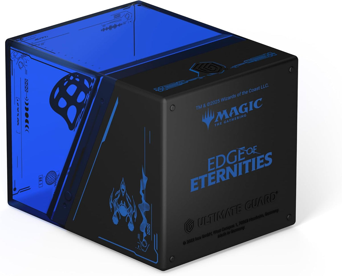 Black Magic: The Gathering &quot;Edge of Eternities&quot; deck box, with a transparent blue side revealing intricate designs