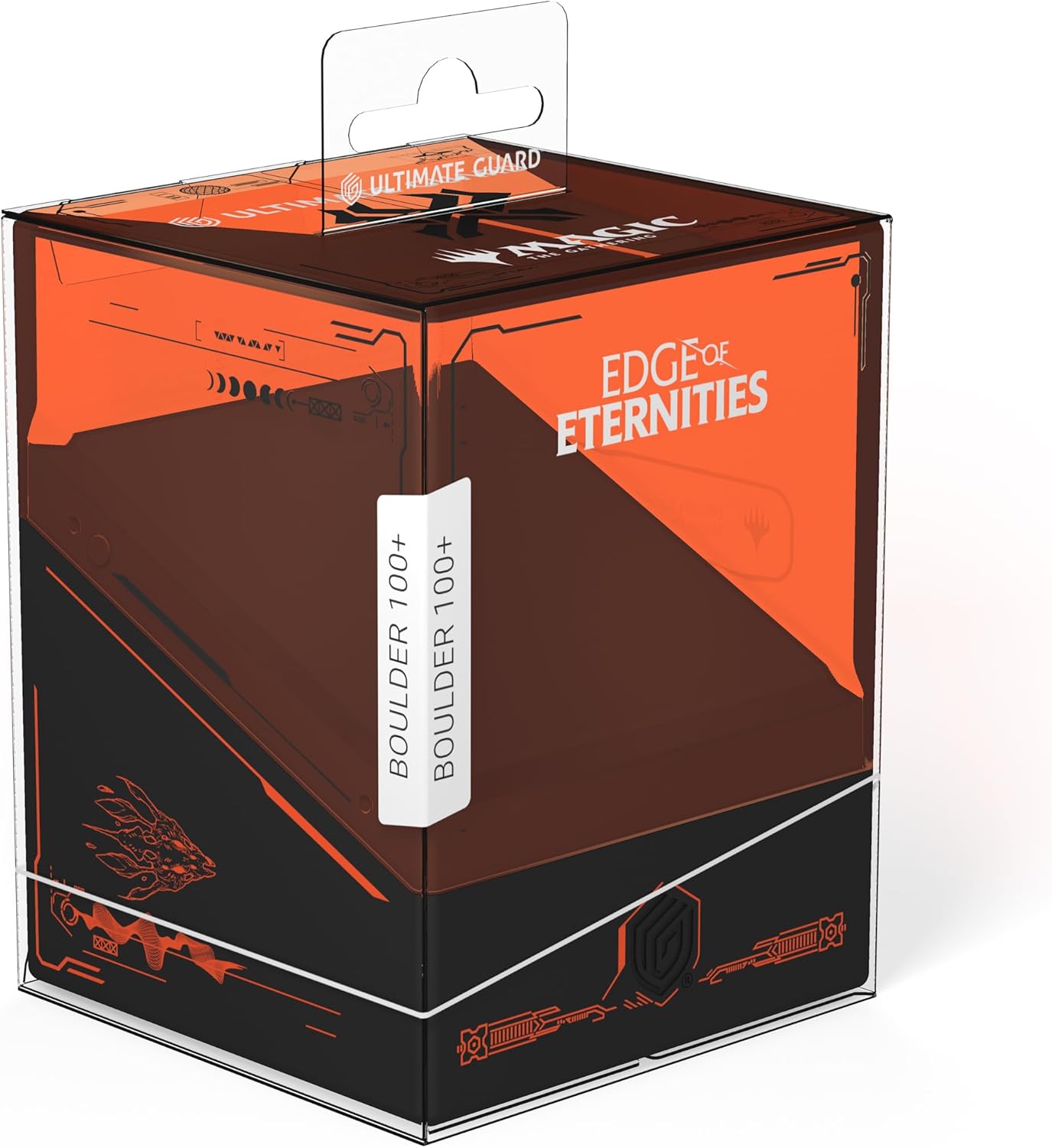 Ultimate Guard "Edge of Eternities" Boulder 100+ deck box with orange/black design and a clear retail packaging