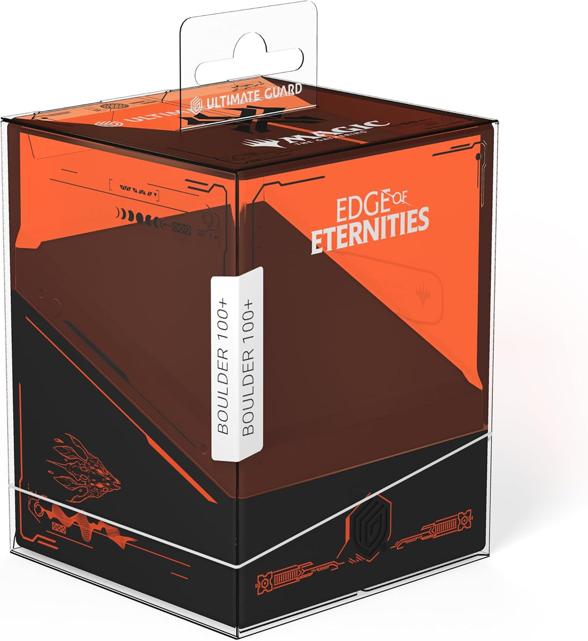 Ultimate Guard &quot;Edge of Eternities&quot; Boulder 100+ deck box with orange/black design and a clear retail packaging
