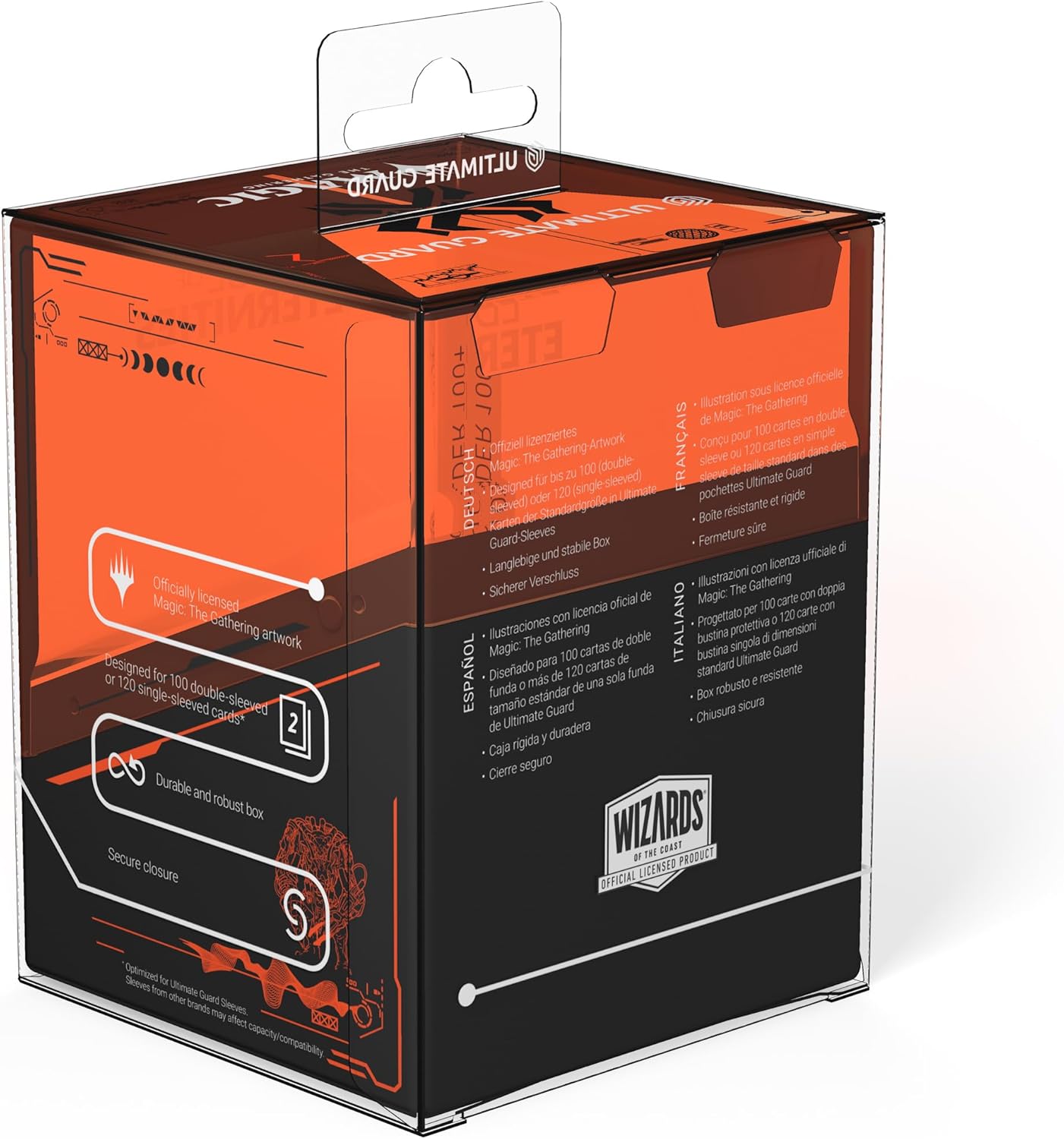 Black/orange Ultimate Guard Magic: The Gathering card box holds 100 double-sleeved or 120 single-sleeved cards