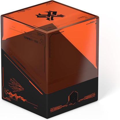 A translucent orange and black cube-shaped enclosure featuring futuristic circuit patterns and a dragon head graphic
