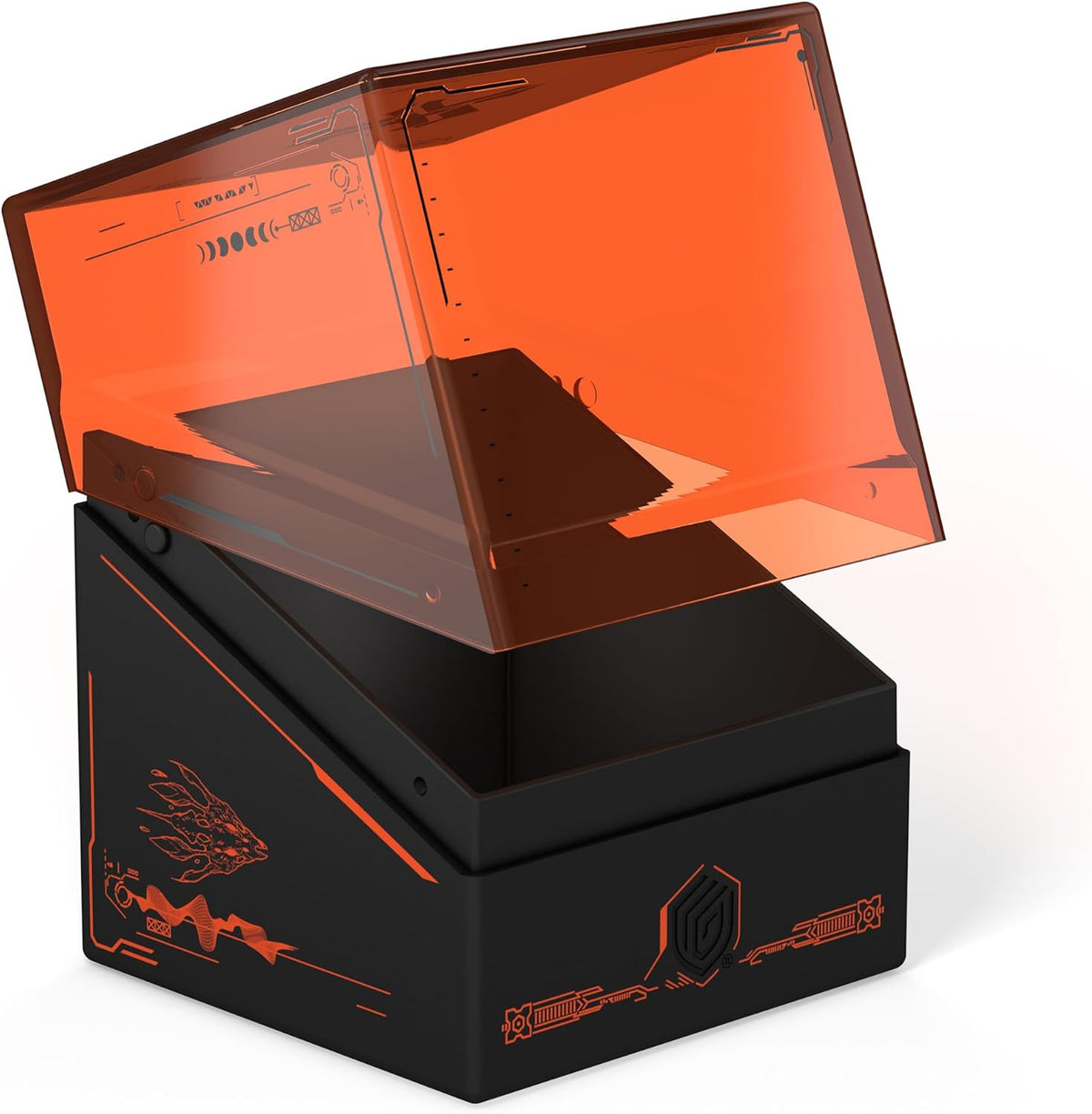 Black deck box with translucent orange lid, open. Features orange cyberpunk dragon graphics