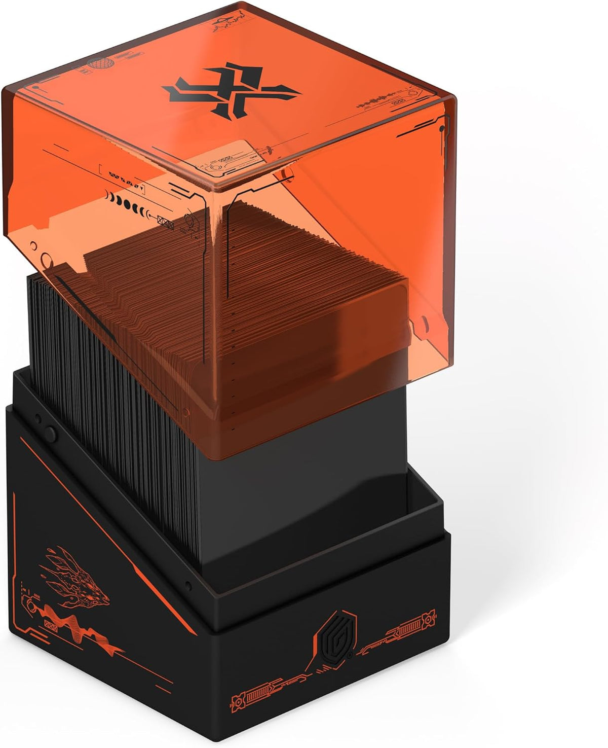 Black deck box with orange accents &amp; translucent orange lid raised, revealing a tall stack of cards inside