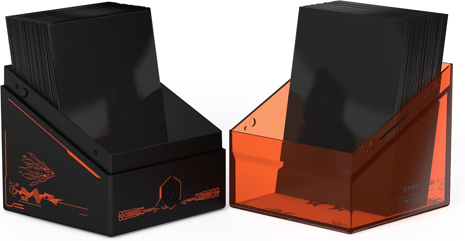 Two angled deck boxes: one black with orange designs, one translucent orange, both filled with black cards