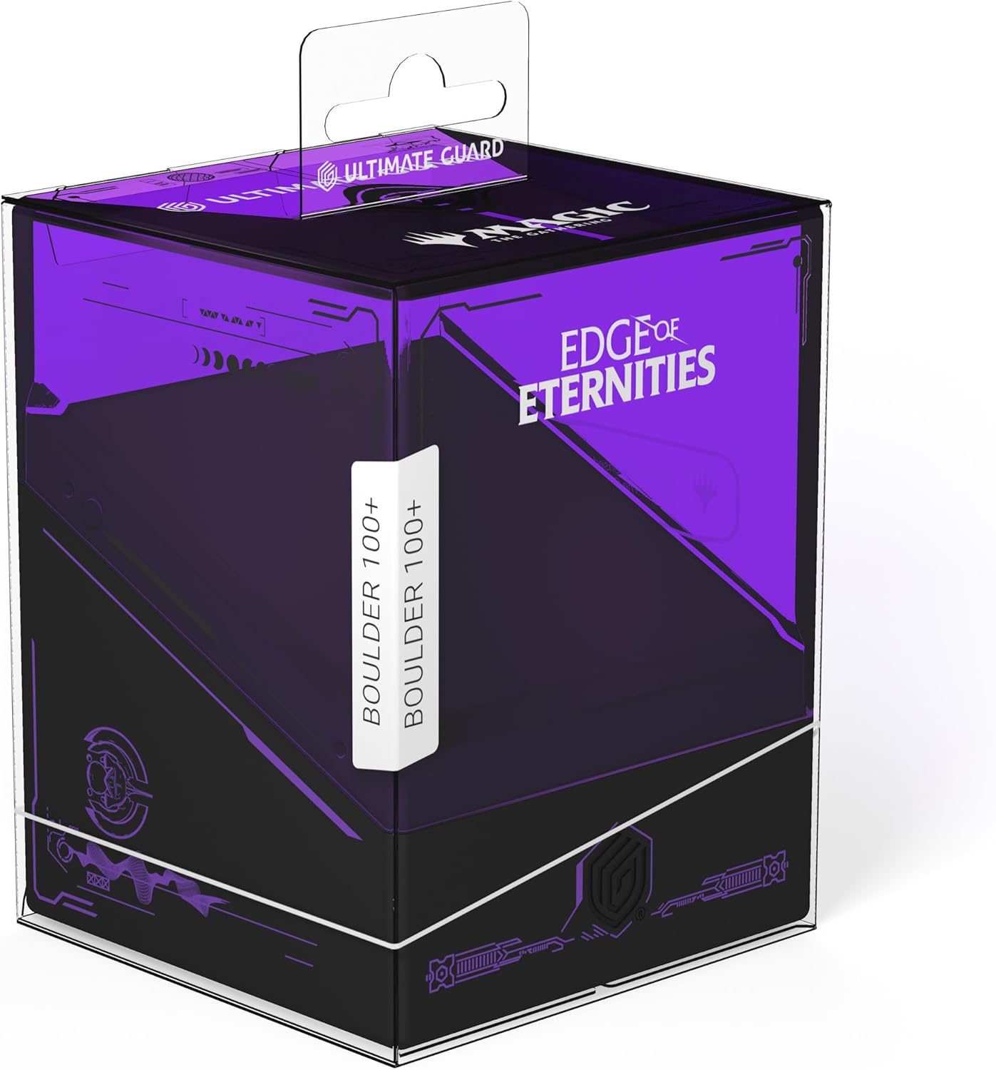 Purple and black Ultimate Guard "Boulder 100+" deck box in clear retail packaging for Magic: The Gathering, with "Edge of Eternities" theme