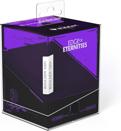 Purple and black Ultimate Guard "Boulder 100+" deck box in clear retail packaging for Magic: The Gathering, with "Edge of Eternities" theme