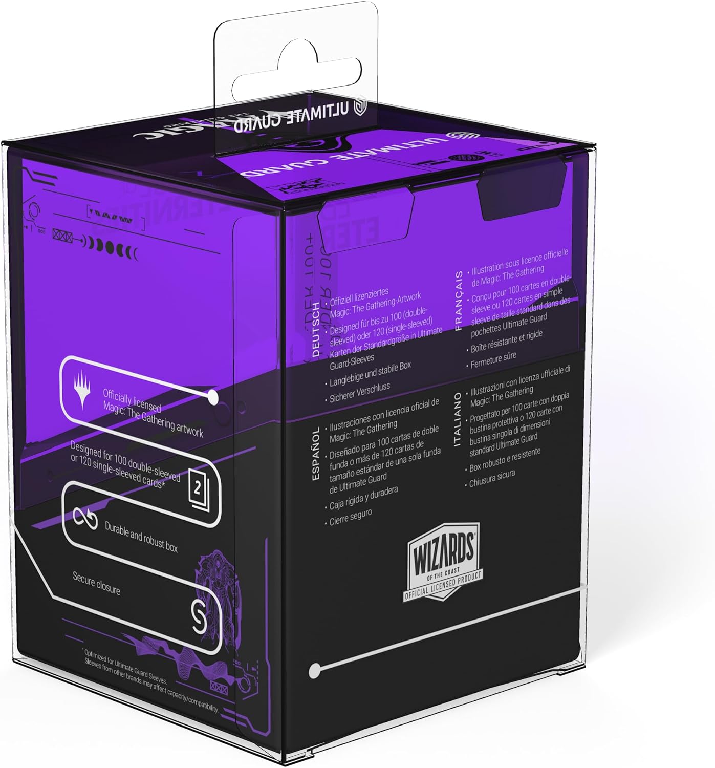 Purple and black Ultimate Guard box with a hanging tab for Magic: The Gathering card sleeves (100 double-sleeved)
