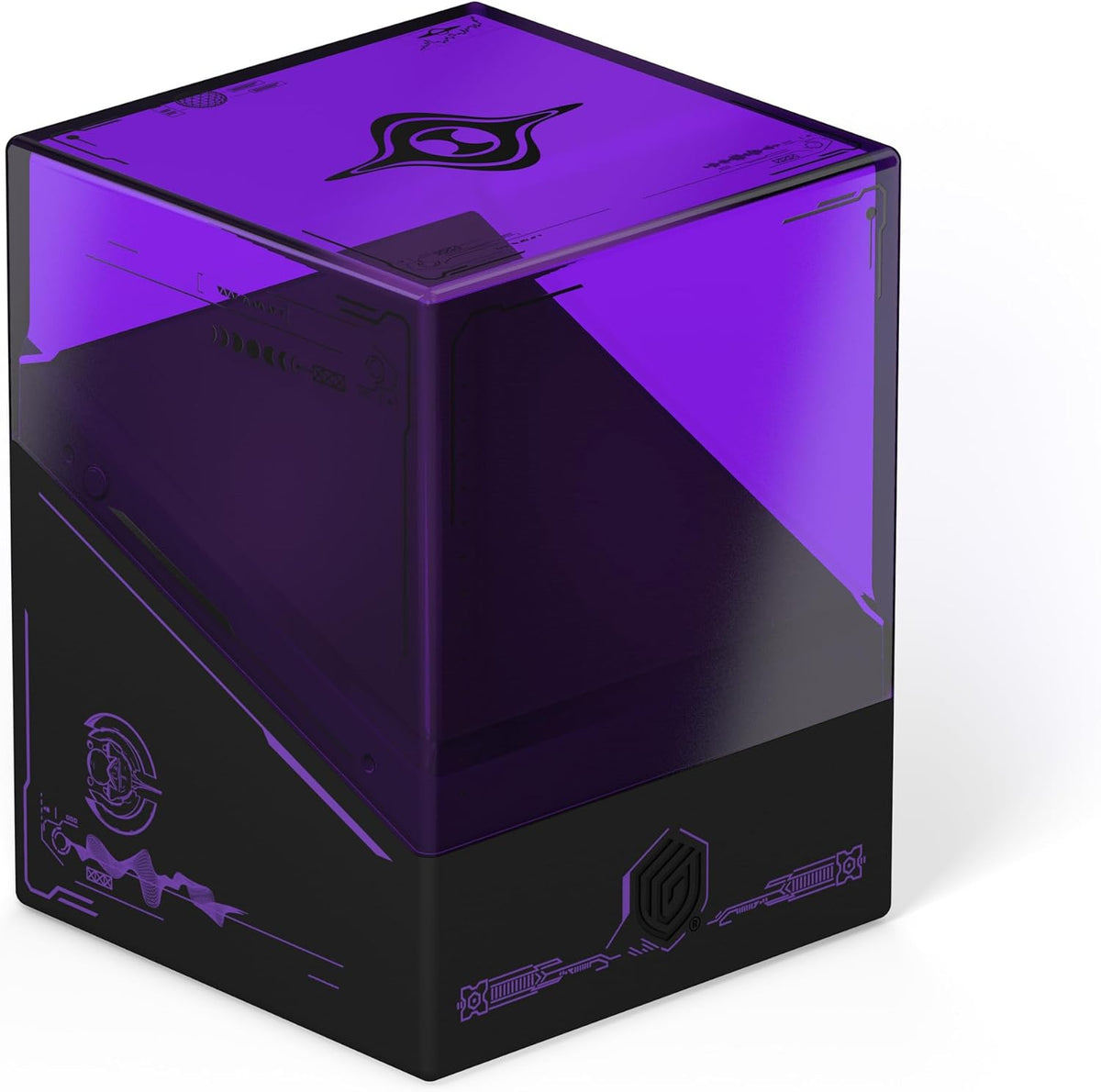 A translucent purple and black deck box with futuristic purple graphics and a stylized eye symbol on the lid