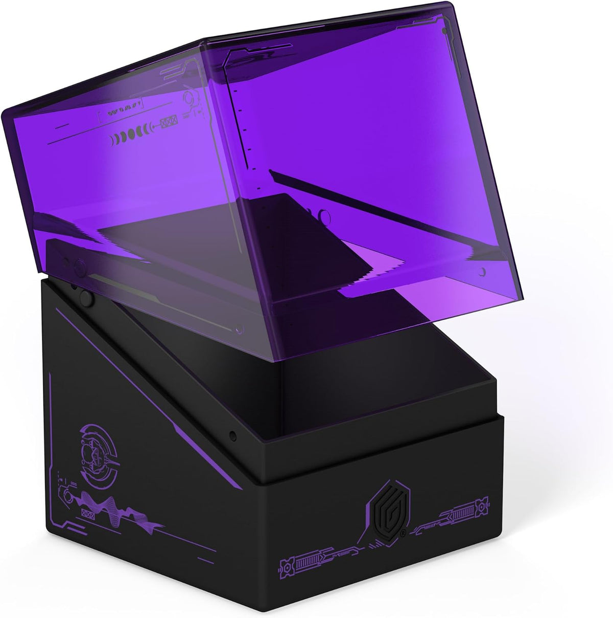 Black deck box with translucent purple lid open, revealing empty interior and purple futuristic designs