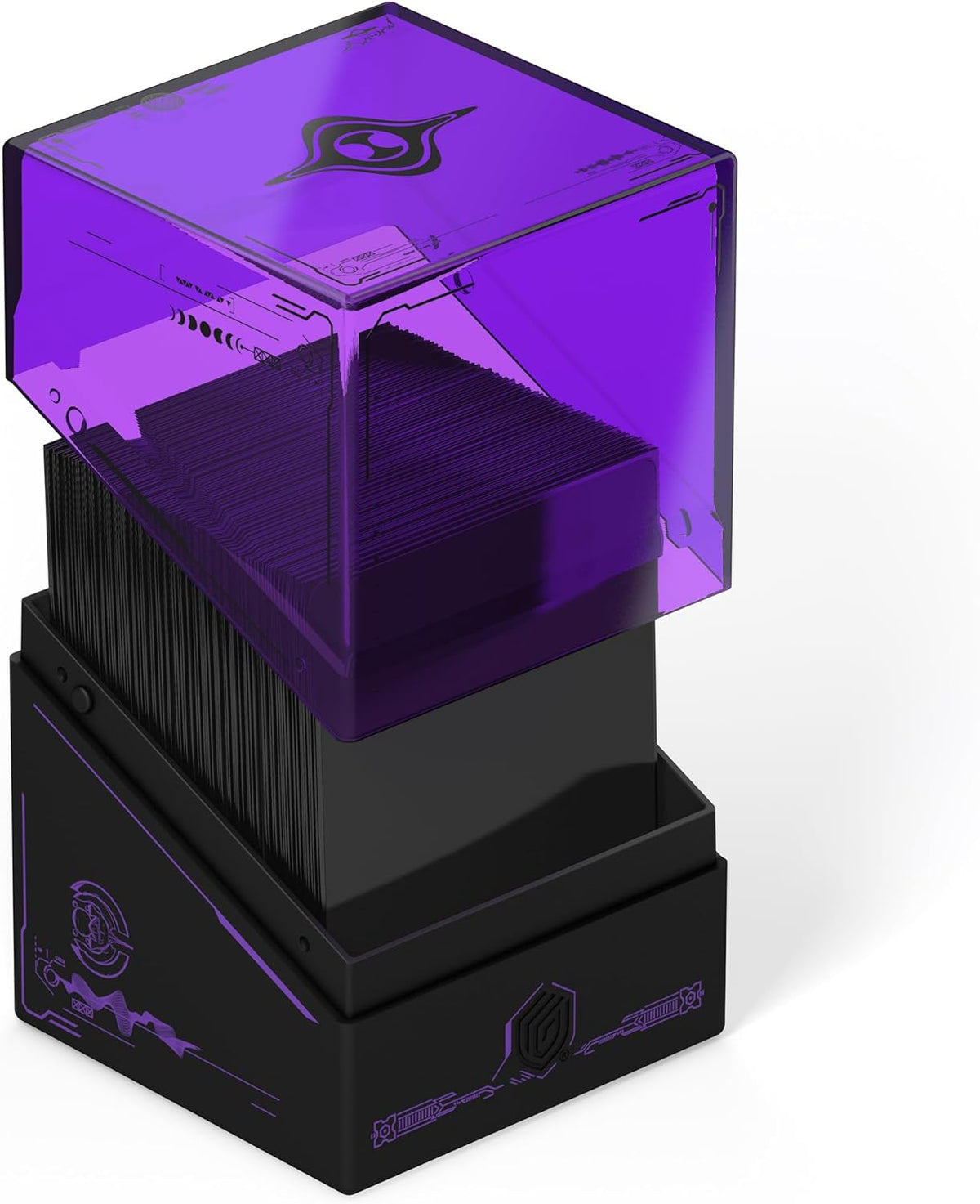 Black card deck box with translucent purple lid showing a large stack of dark cards