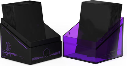 Two trading card deck boxes filled with black cards. One is black with purple designs, the other is transparent purple
