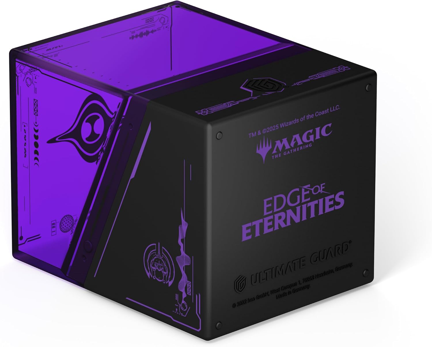 Black Ultimate Guard deck box with transparent purple lid, featuring Magic: The Gathering "Edge of Eternities" branding