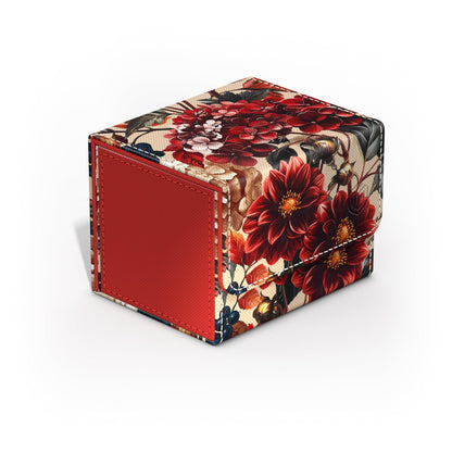 A floral deck box with red dahlia pattern on a beige background, a red textured front panel, and white stitching