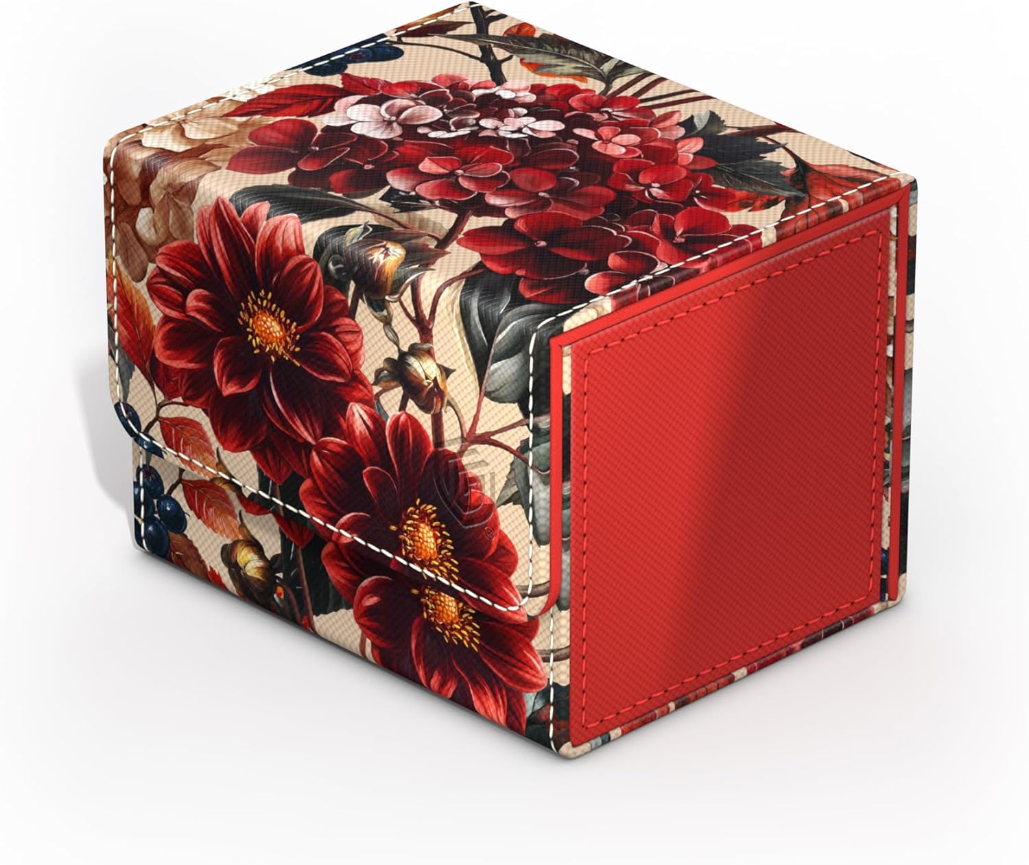 A red floral deck box featuring large red flowers on a beige background, with a bright solid red textured side