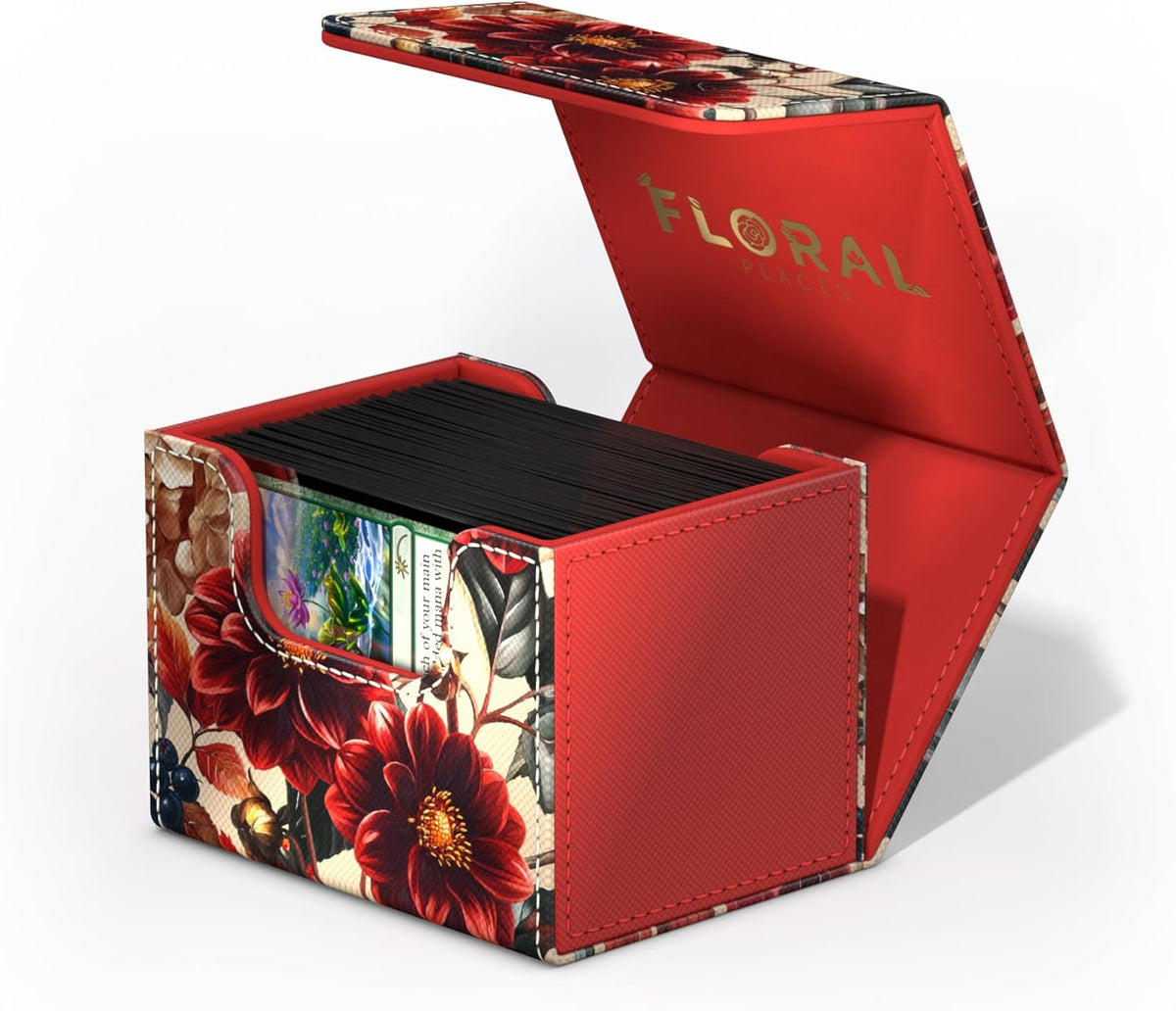 Open deck box with burgundy floral pattern, &quot;FLORAL PLACE&quot; in gold inside the lid, filled with black-sleeved trading cards