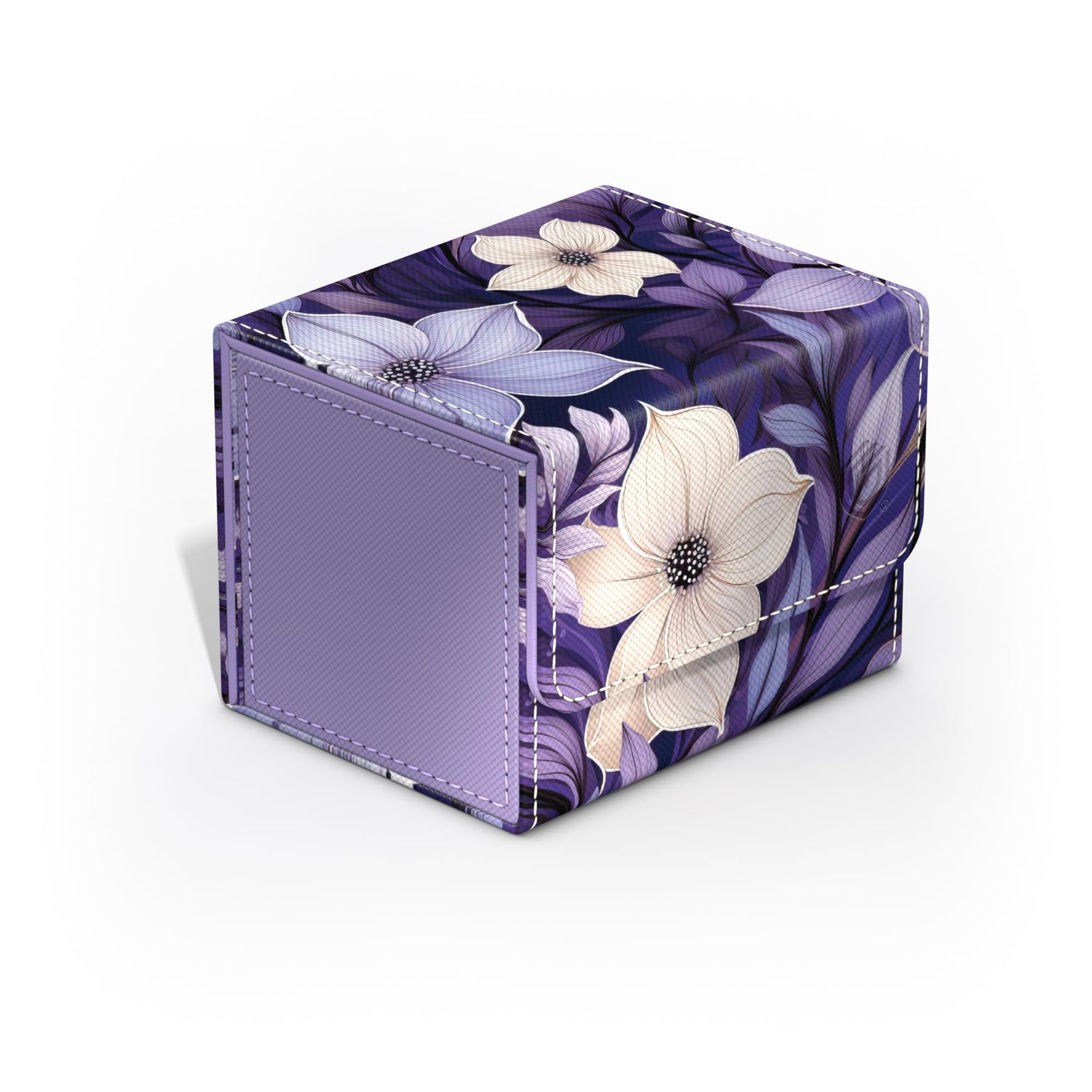 Decorative purple deck box featuring cream and lavender floral patterns with visible stitching