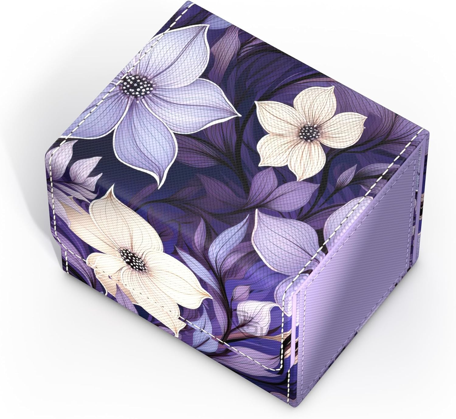 Purple cube-shaped box with lavender and cream floral pattern and white stitching