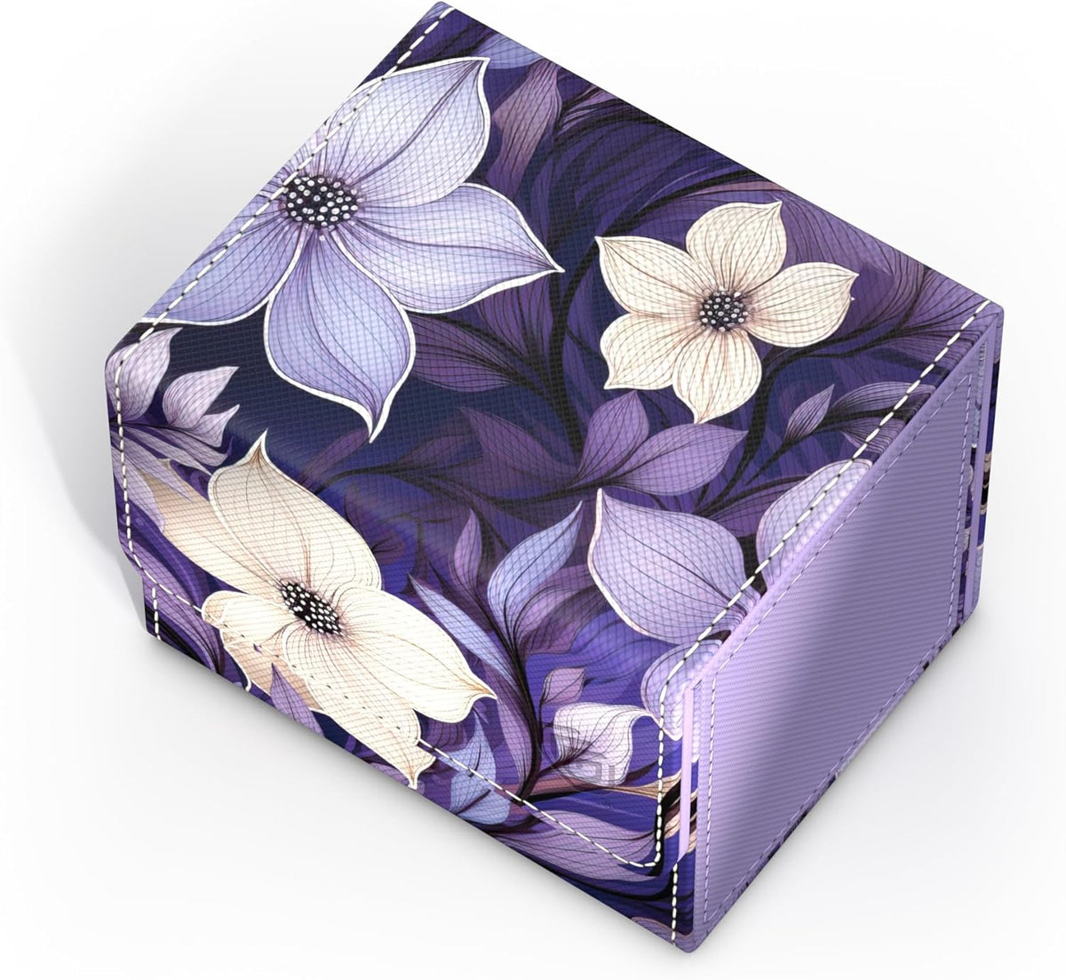 Purple cube-shaped box with lavender and cream floral pattern and white stitching