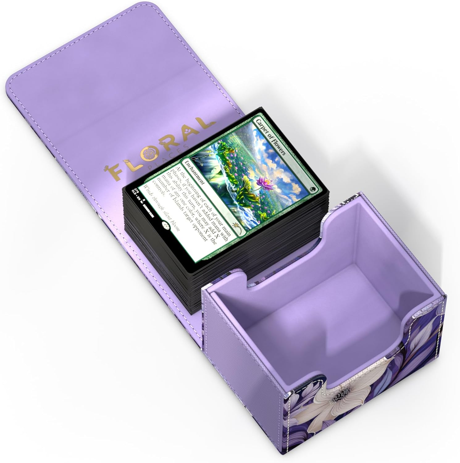 Open purple floral deck box displaying a stack of Magic cards on its lid, "Carpet of Flowers" on top, next to an empty card holder