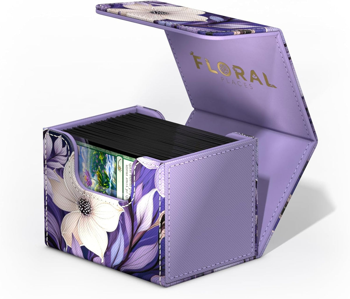 An open purple deck box with white floral design, showing &quot;FLORAL PLACES&quot; text on the lid and black game cards inside