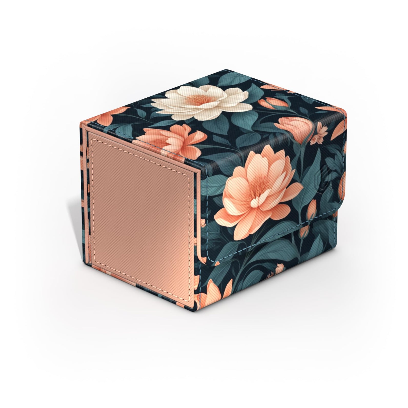 Dark floral box with peach flowers, green leaves, and a textured peach side panel