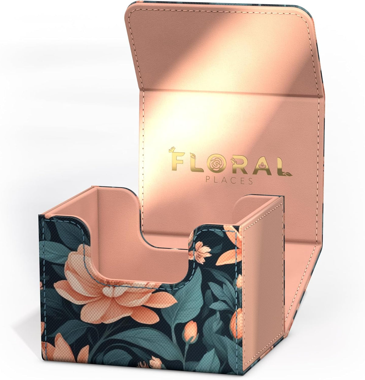 An open deck box with a dark floral exterior, peach interior, and gold &quot;FLORAL PLACES&quot; text on the lid