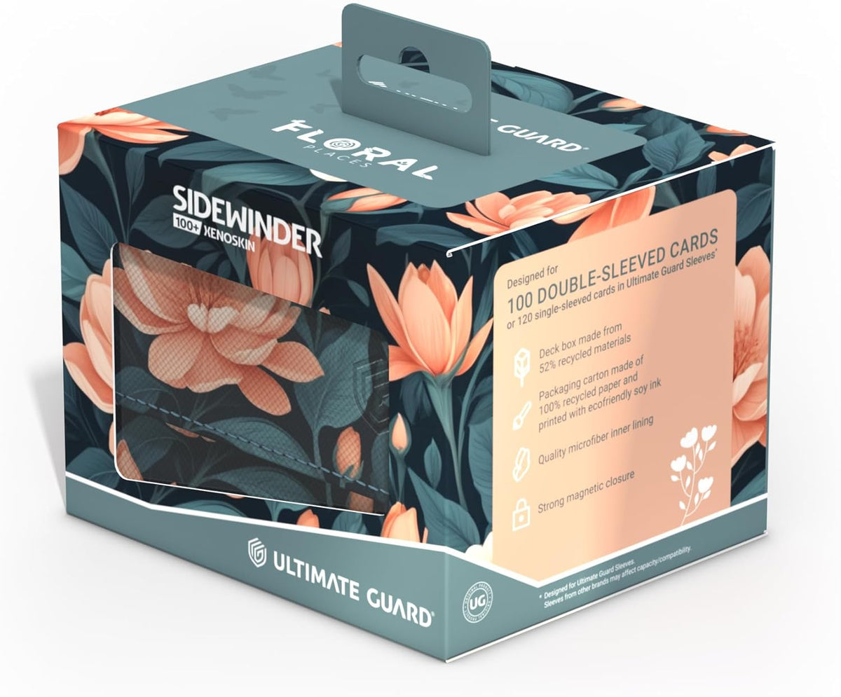 Ultimate Guard Sidewinder &quot;Floral Places&quot; deck box for 100 double-sleeved cards, with peach flowers on dark foliage