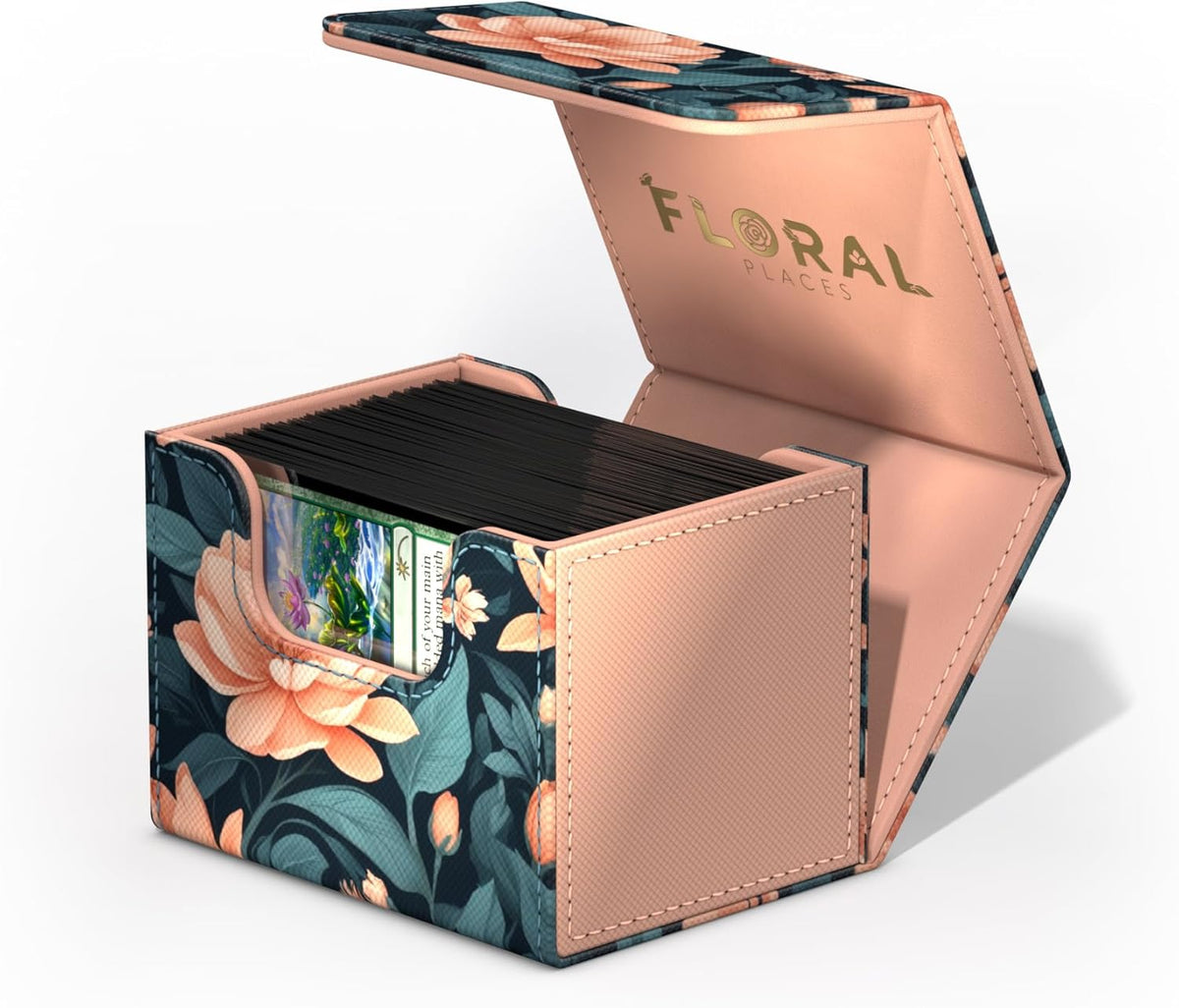 Open &#39;Floral Places&#39; deck box: dark teal with peach flowers, light pink interior, holding black-backed game cards