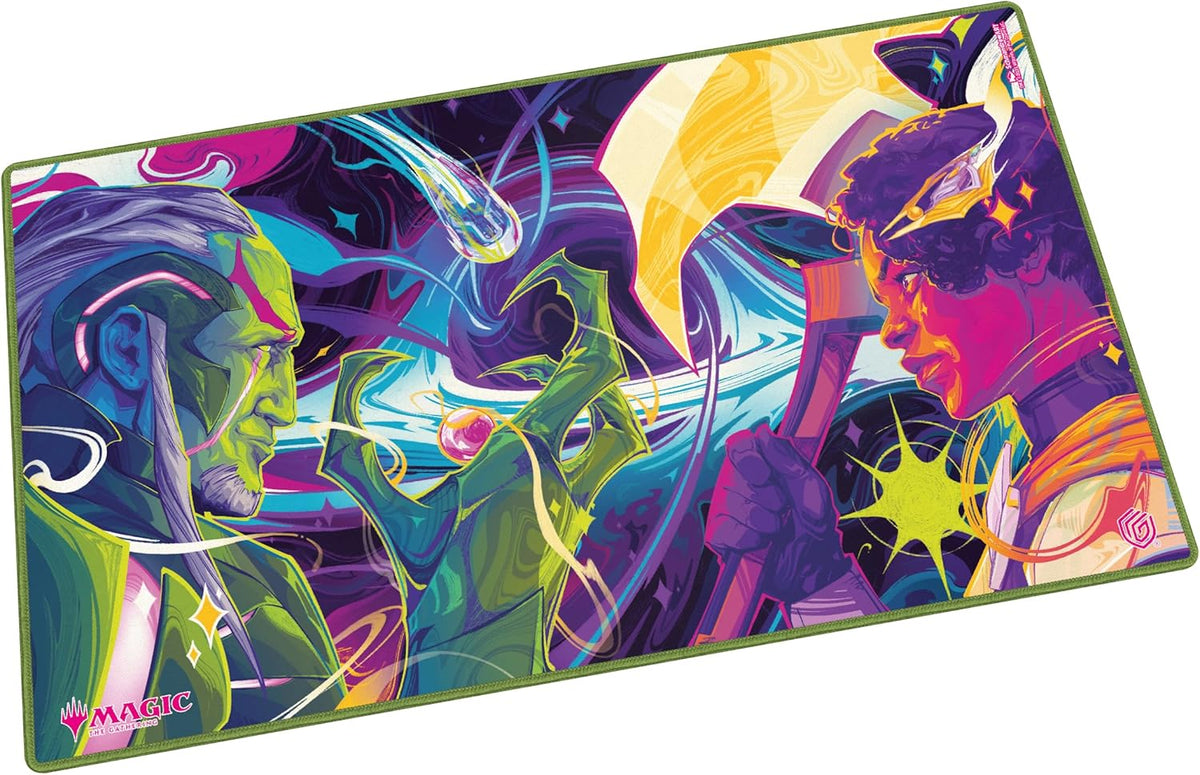 Magic: The Gathering playmat: Vibrant cosmic art shows a green-skinned planeswalker confronting a woman holding an axe