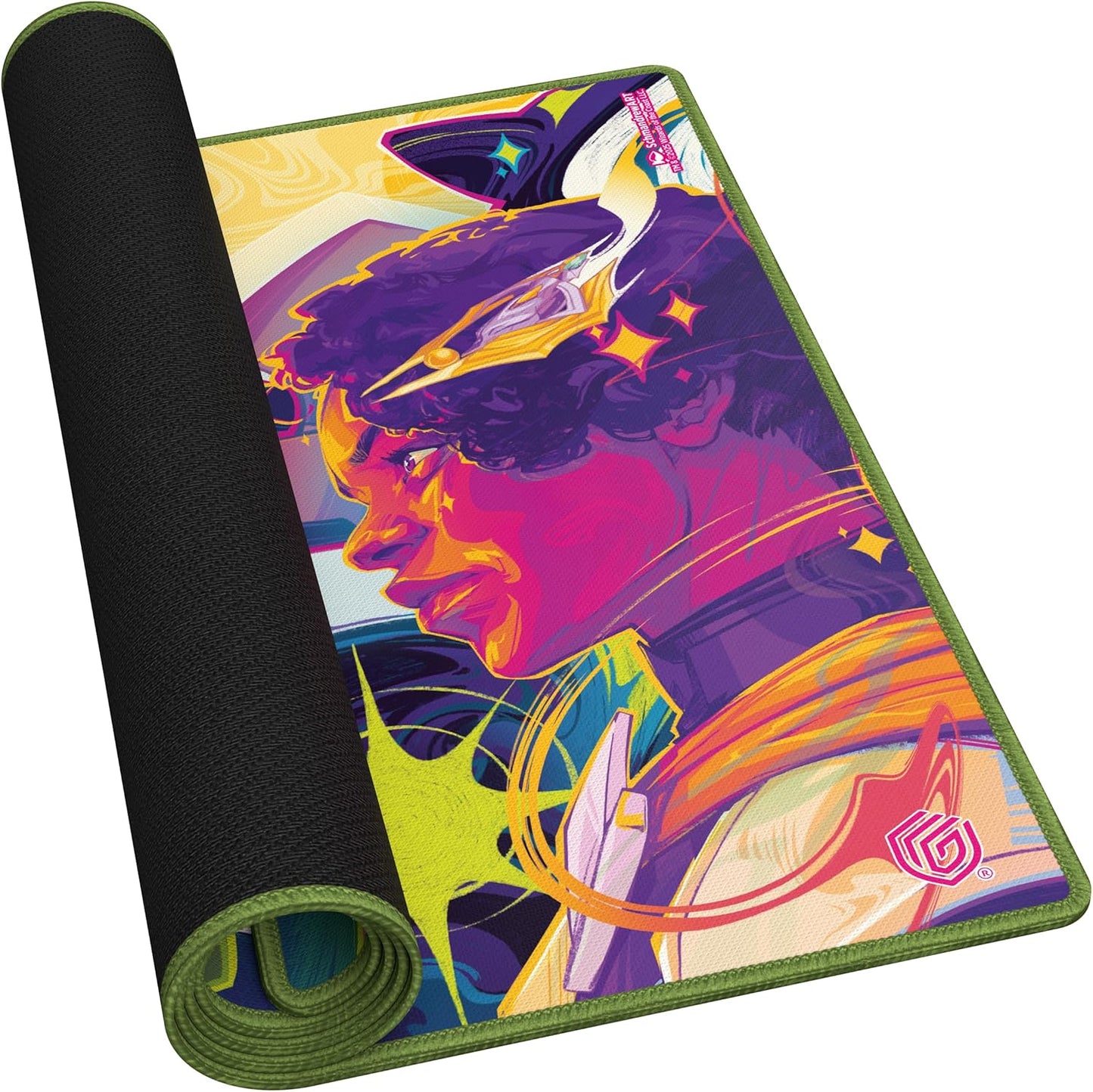 Partially rolled playmat featuring a vibrant pop art character profile illustration and a black non-slip backing