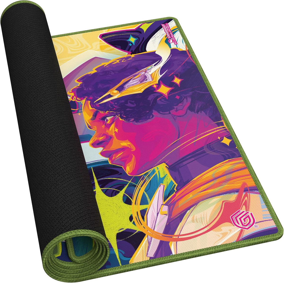 Partially rolled playmat featuring a vibrant pop art character profile illustration and a black non-slip backing