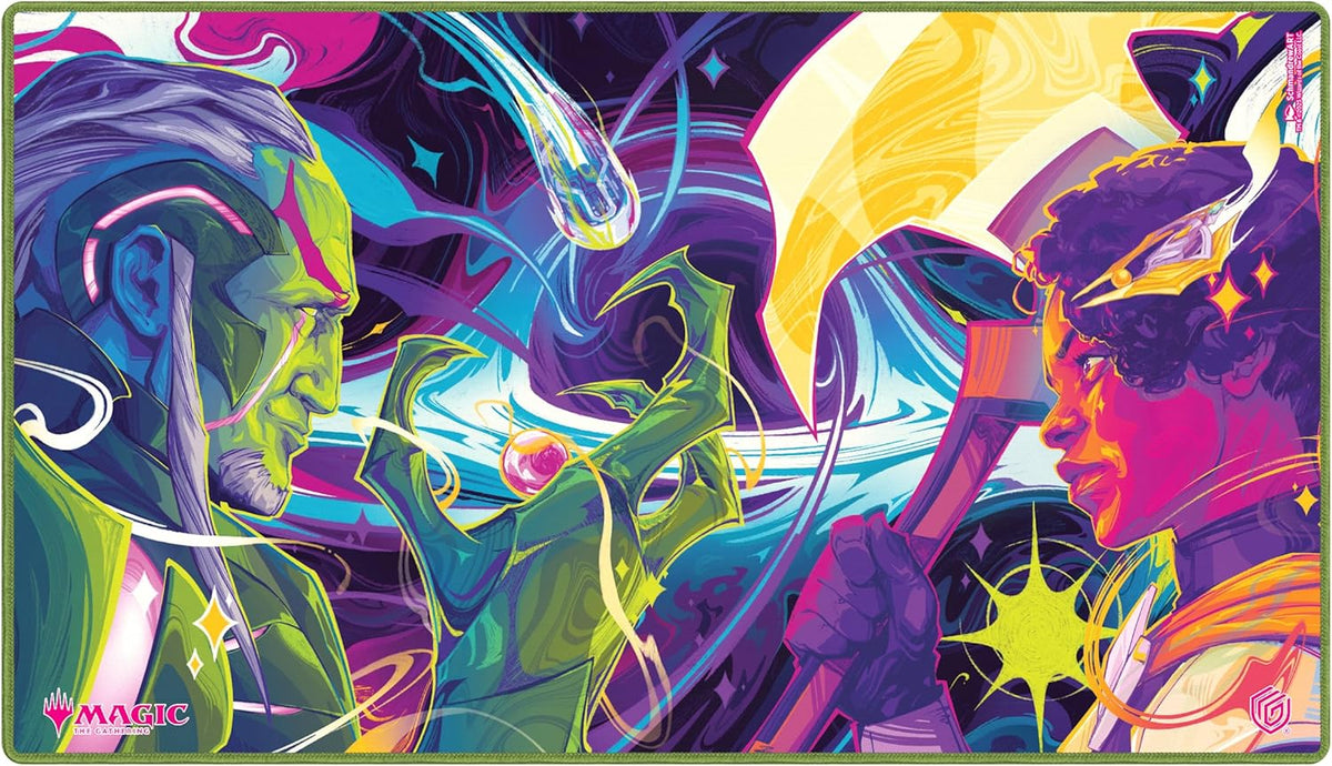 Magic: The Gathering playmat: A green-skinned male with glowing hands confronts a woman wielding an axe in a vibrant cosmic energy battle