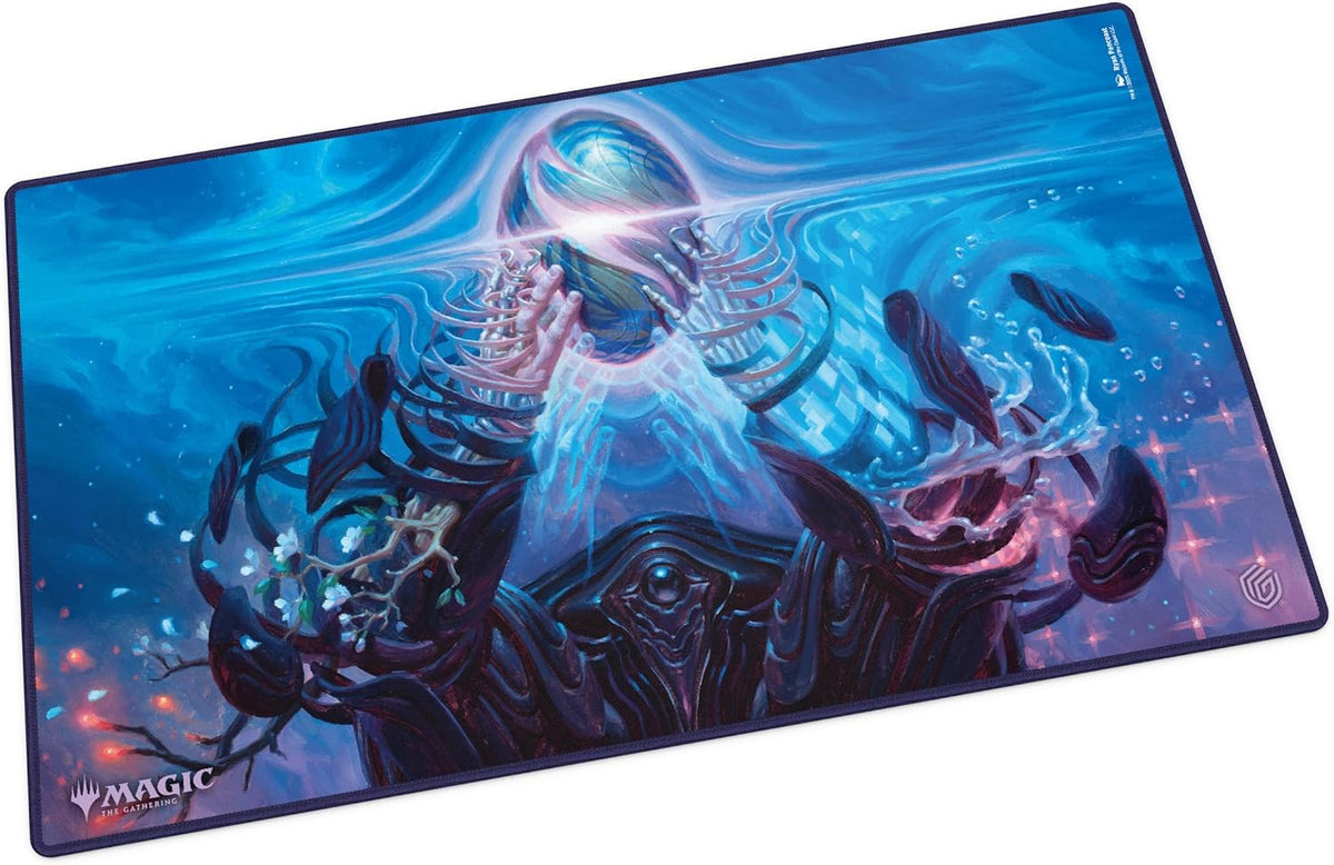 Magic: The Gathering playmat featuring a skeletal figure with glowing hands holding a luminous orb in a swirling blue, ethereal realm