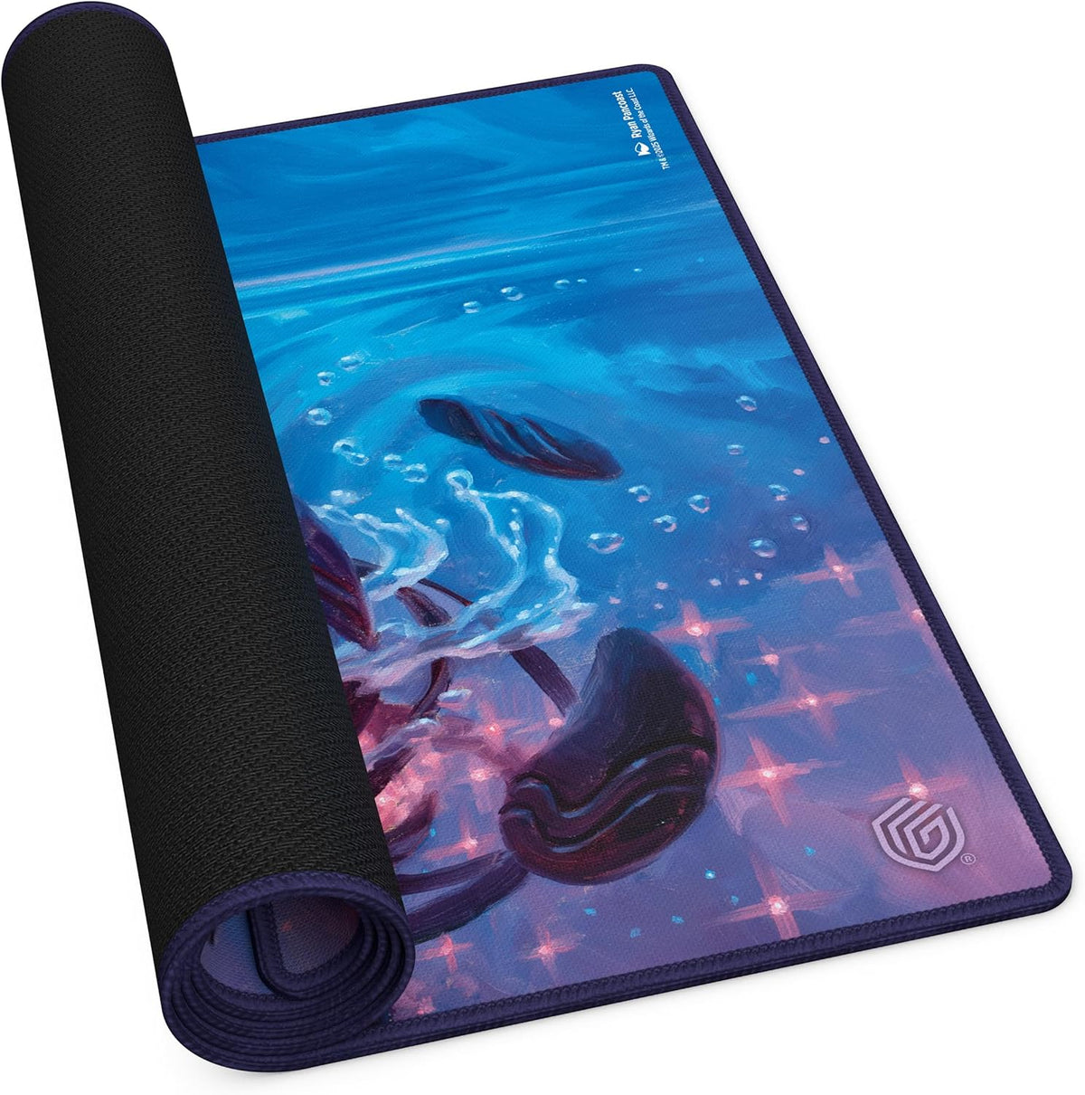 Partially rolled playmat with blue/purple underwater art, showing bubbles, dark shapes, and sparkling lights. Black rubber underside