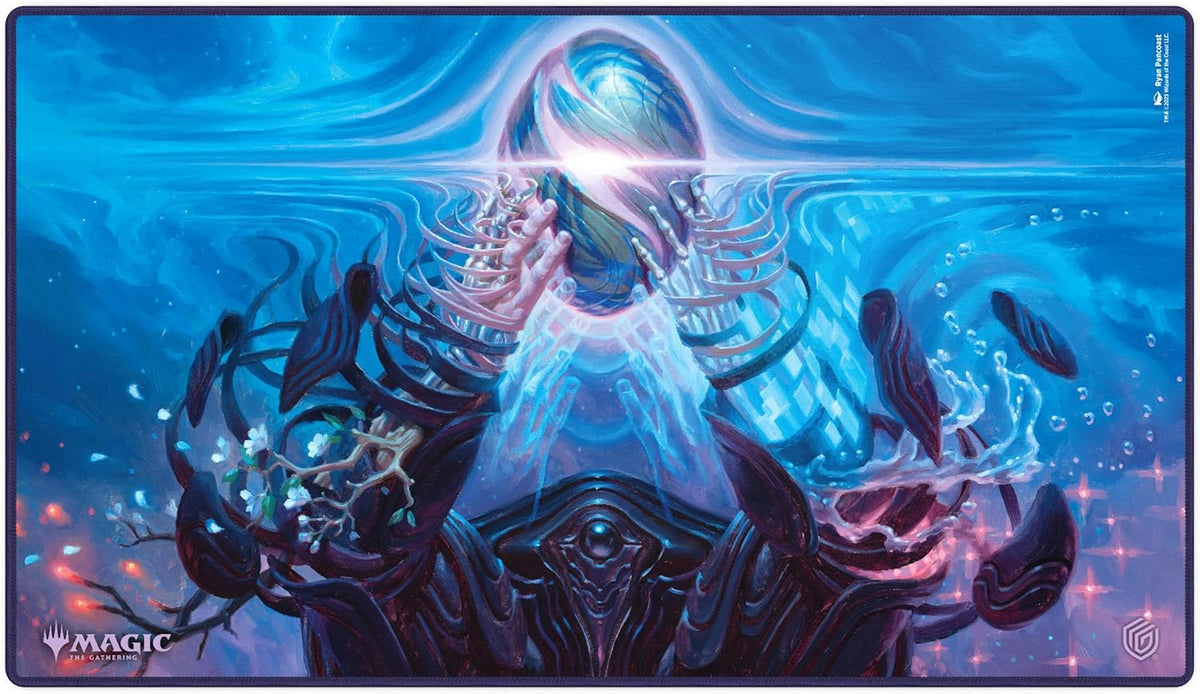 Magic: The Gathering playmat featuring Blue fantasy art: A luminous, swirling orb is cradled by hands and skeletal ribs, surrounded by organic forms in a mystical, watery realm