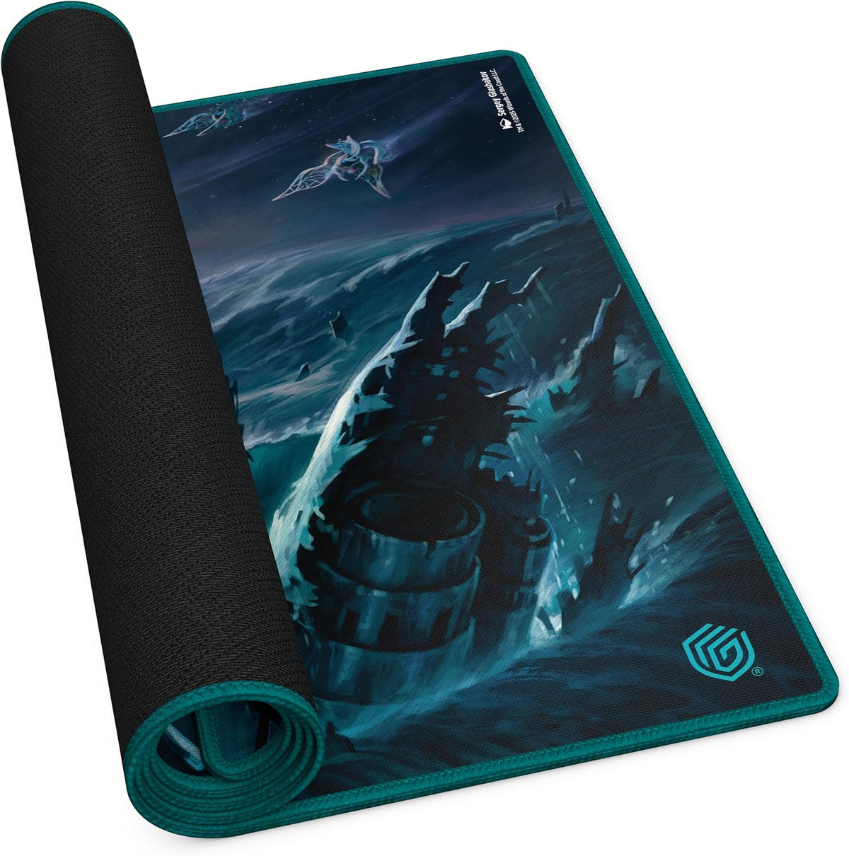 Partially rolled blue playmat featuring sci-fi art: a massive ruin in turbulent water, with sleek ships flying above