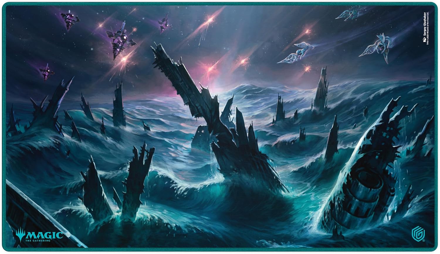 Playmat: A tumultuous ocean with jagged ruins. Dark ships fire energy as lighter, ethereal ships fly through the stormy, star-filled sky
