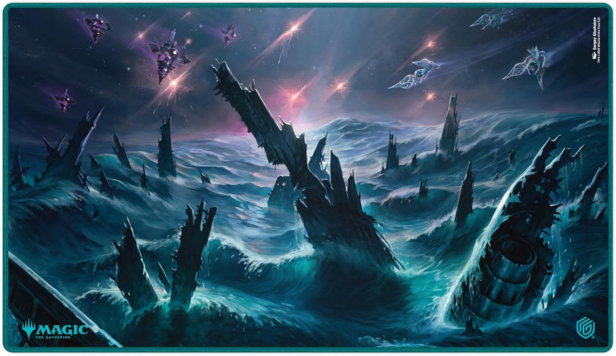 Playmat: A tumultuous ocean with jagged ruins. Dark ships fire energy as lighter, ethereal ships fly through the stormy, star-filled sky