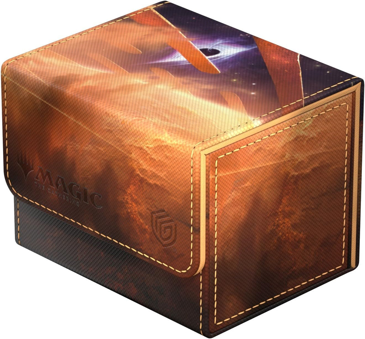 An orange Magic: The Gathering deck box featuring cosmic art with a black hole and the game&#39;s logo