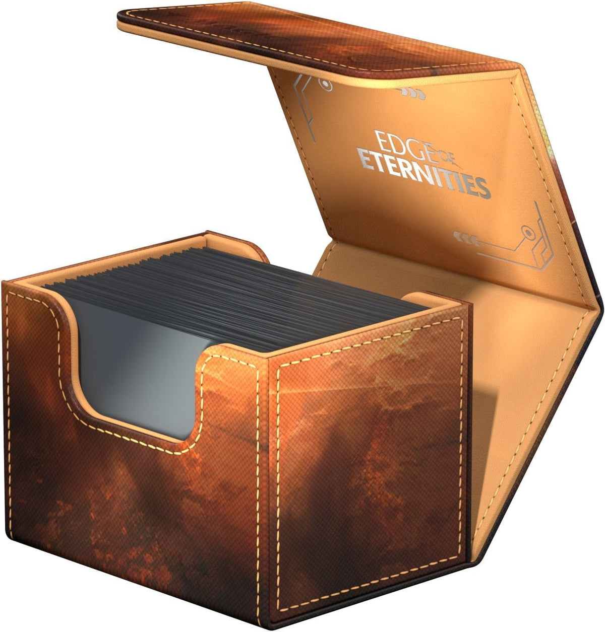 Textured brown card deck box with visible stitching, open to show &quot;EDGE OF ETERNITIES&quot; and dark cards inside
