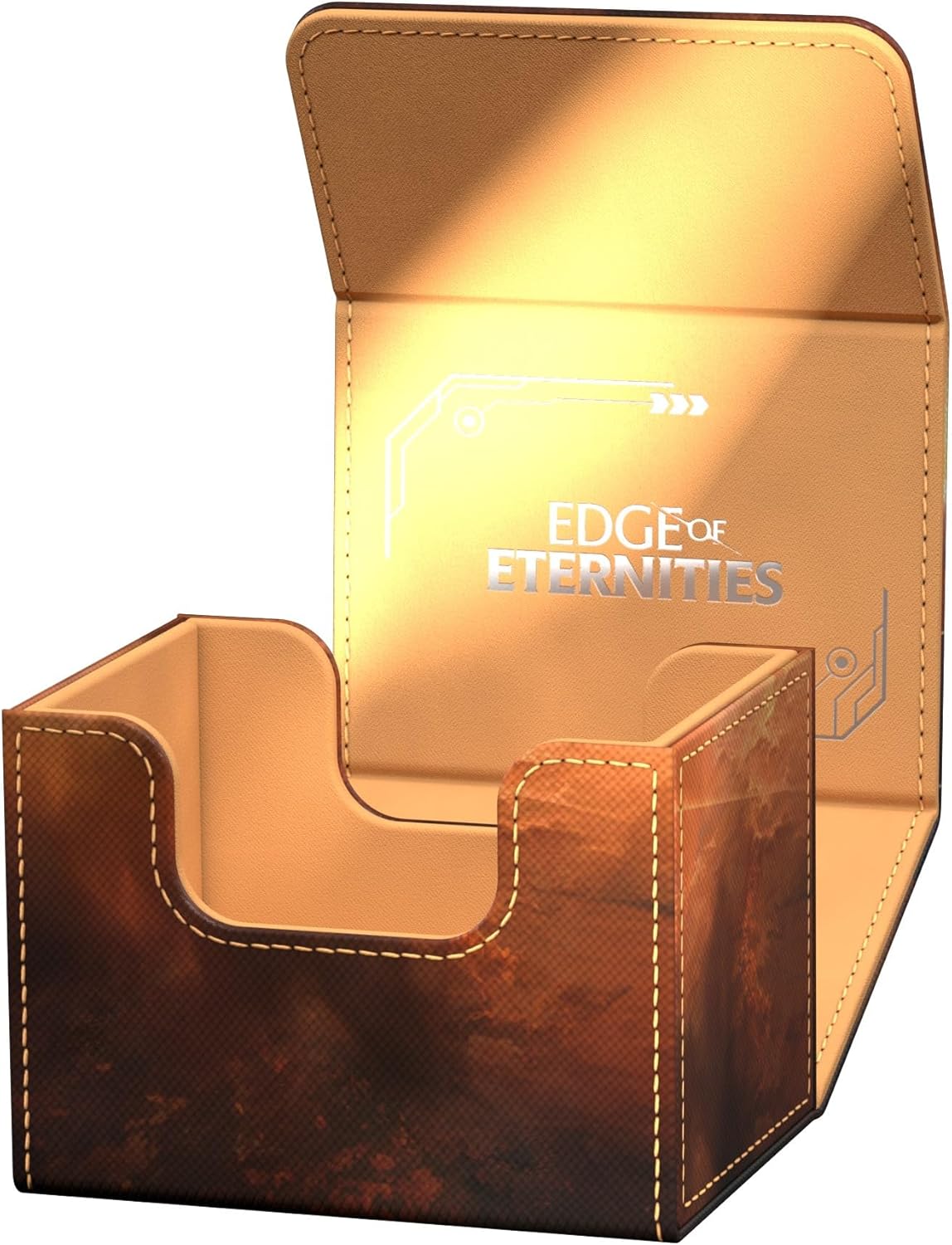 Open, dark brown textured card deck box with white stitching; its tan lid shows &#39;EDGE OF ETERNITIES&#39; and silver graphics
