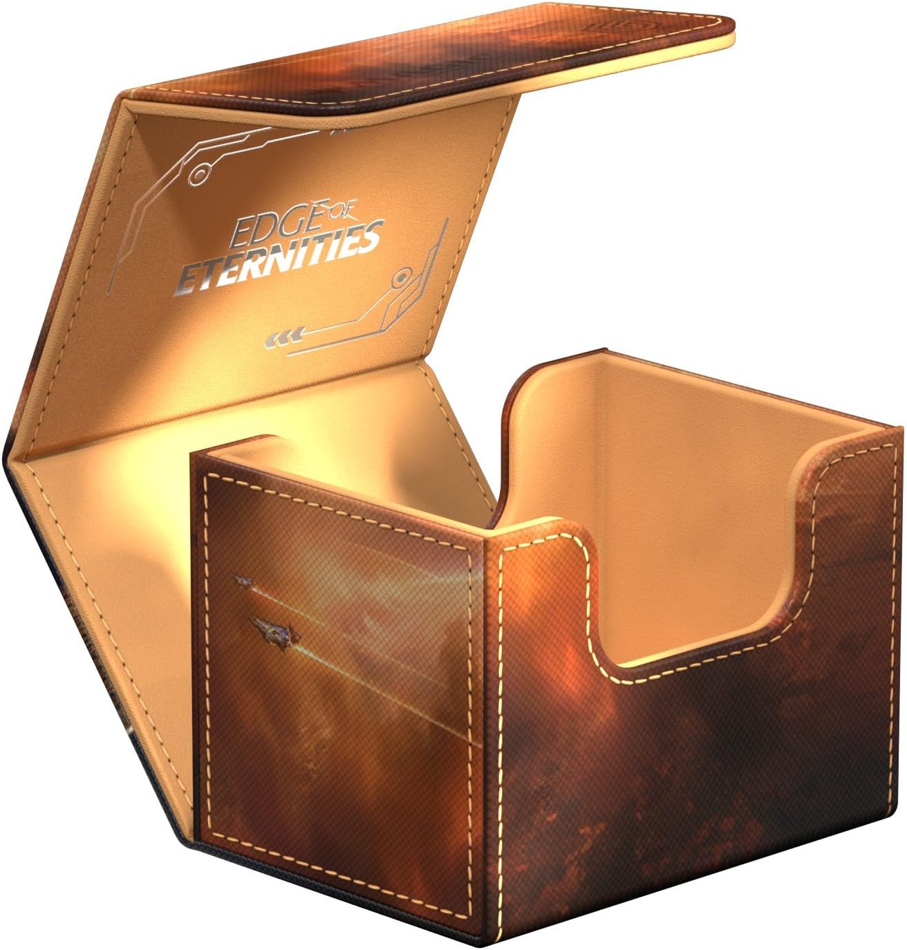 Open "Edge of Eternities" deck box with space battle art on exterior and a tan interior