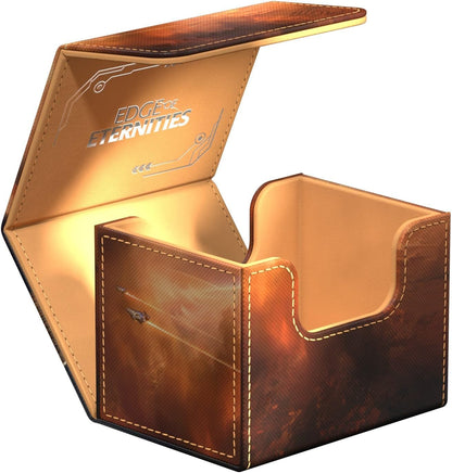 Open "Edge of Eternities" deck box with space battle art on exterior and a tan interior