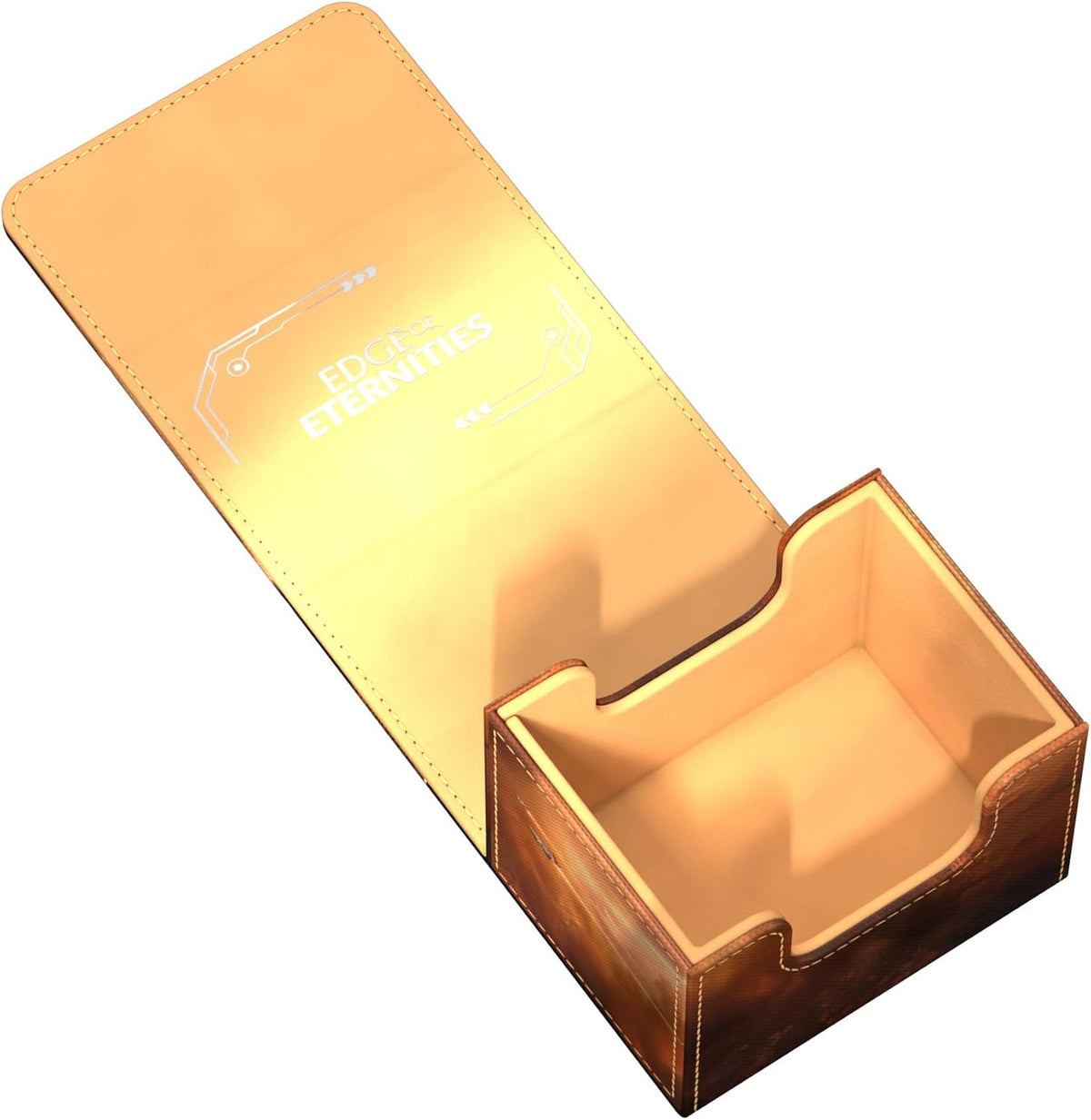 Open brown card deck box with a golden lid featuring &quot;EDGE OF ETERNITIES&quot; text and tech graphics
