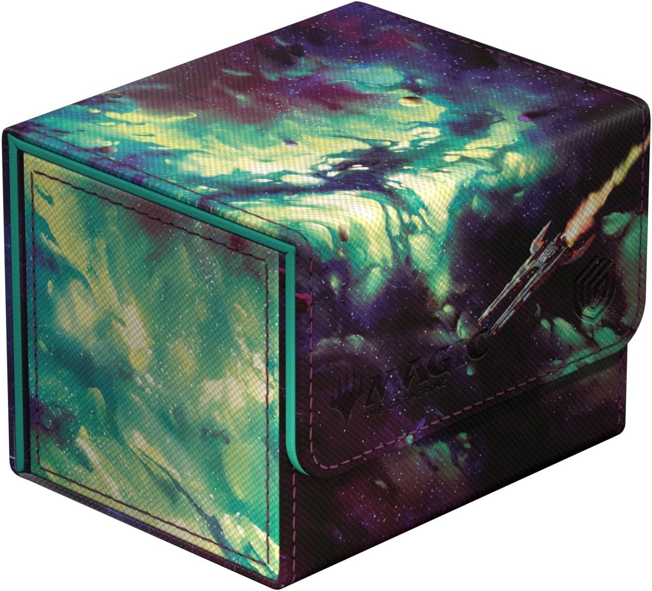 A Magic: The Gathering deck box with a vibrant green and purple galaxy design, featuring a spaceship flying through a nebula